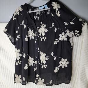 Liz & Me 3X Black Cotton Button Up Shirt Blouse Cover-Up Cream Floral Embro